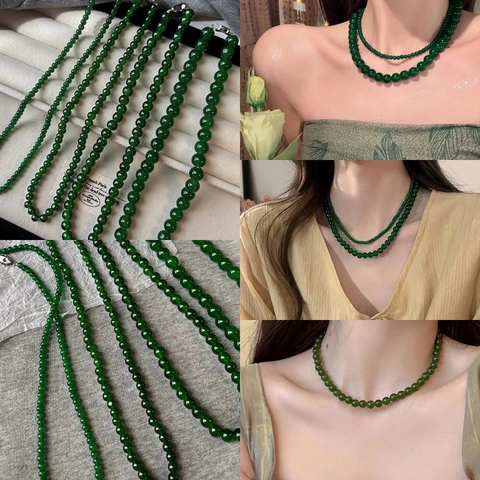 Retro Beaded Necklace With Faux Artificial Pearl And Green Glass Beads Elegant Clavicle Chain For Women Fashion Jewelry