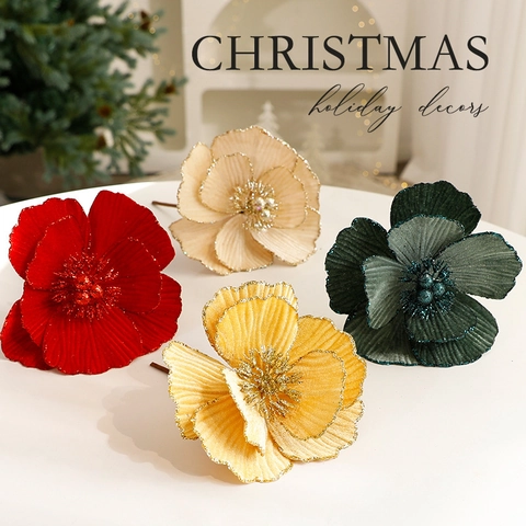 Artificial Christmas Flowers Velvet Poinsettia Sparkling Glitter Xmas Tree Ornaments Holiday Home Party Decoration