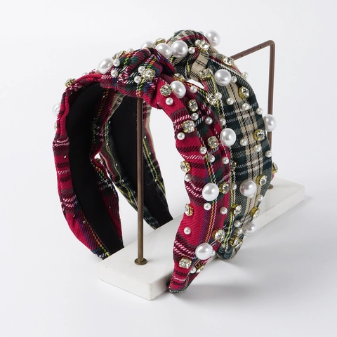 Knotted Plaid Headband With Imitation Artificial Pearl And Rhinestone Wide Brim Vintage Hair Accessories For Women