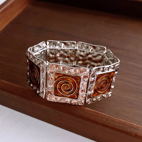 Bracelet À Maillons Larges En Alliage Émaillé Vintage Avec Motif Spiralé Style Bohème Rétro Géométrique Pour Femmes