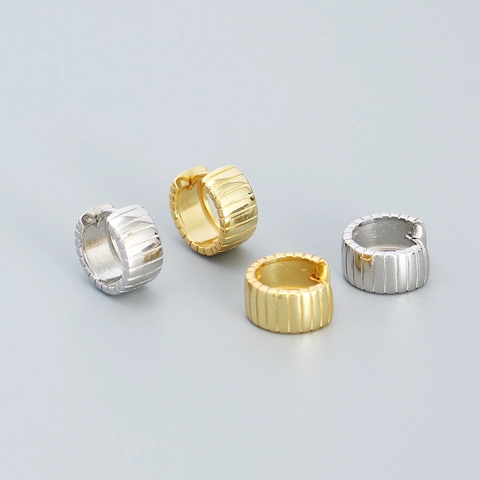 925 Sterling Silver Wide Huggie Hoop Earrings Striped Ribbed Geometric Minimalist Jewelry For Women