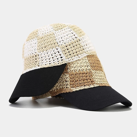 Women Straw Woven Baseball Cap Checkered Breathable Sun Protection Summer Vacation Hat Adjustable Leather Strap