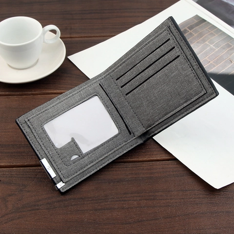 Cartera Corta Bifold Para Hombre Tela Lona Delgada Multi Ranuras Tarjetas Ventana ID Decoración Metal Minimalista Casual Moda