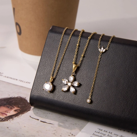 Women Luxury Stainless Steel Zirconia Necklace Gold Plated Floral Pear Shaped Y Pendant Elegant Jewelry Accessory Gift For Her
