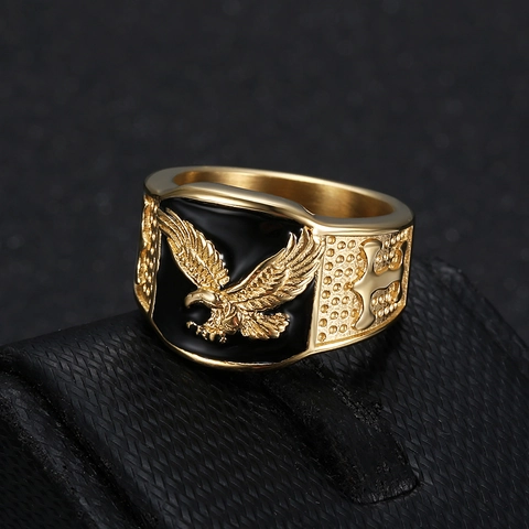 Eagle Signet Ring Stainless Steel Men Black Enamel Spreading Wings Hip Hop Punk Vintage Jewelry