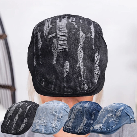 Newsboy Cap Vintage Distressed Washed Cotton Denim Ivy Flat Hat Retro Streetwear Adjustable Unisex