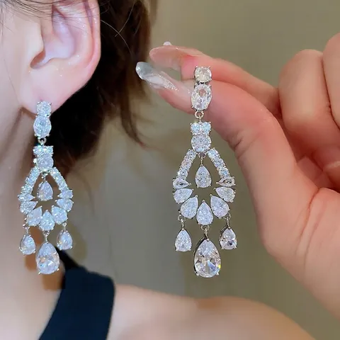 Eleganti Orecchini A Lampadario Con Zircone E Perno In Argento Sterling 925 Gioielli Di Moda Per Donna