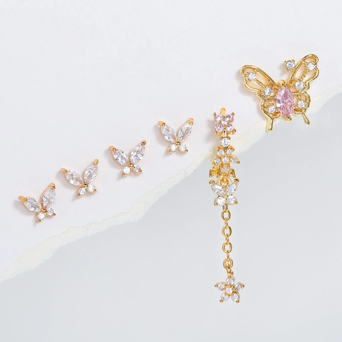 Orecchini Farfalla Rame Con Perno Argento Sterling 925 Zircone Rosa Nappa Pendenti Bottone Dolce Elegante Donne
