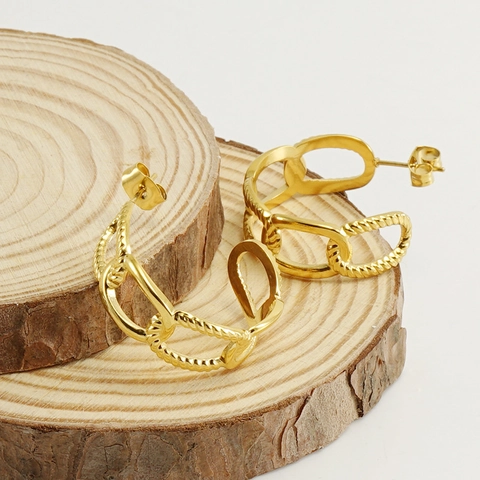 Vintage Geometric Interlocking Chain Hoop Earrings Stainless Steel 18K Gold Plated Twist Rope Design For Women