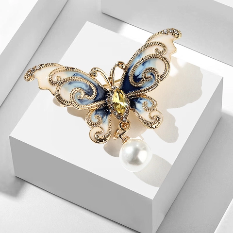 Elegant Butterfly Brooch Pin Alloy Enamel Inlay Rhinestone With Dangle Imitation Artificial Pearl Vintage Clothing Jewelry Accessories
