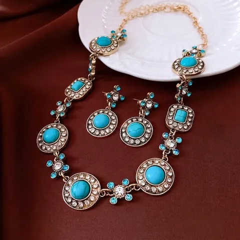 Vintage Halskette Und Ohrringe Legierung Strass Türkis Stein Palast Stil Bohemian Schmuck Mit Silbernem Ohrstecker