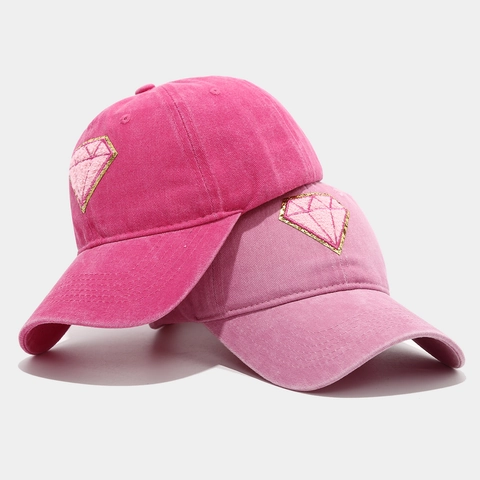Casquette De Baseball En Coton Lavé Vintage Casual Dad Hat Patch Diamant Rose Chenille Bordure Dorée Brillante Ajustable