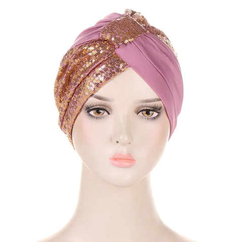 Women Sequin Turban Hat Polyester Shiny Gold Sequin Patchwork Beanie Ethnic Style Muslim Headscarf Fashion Headwear For Party Street Photography