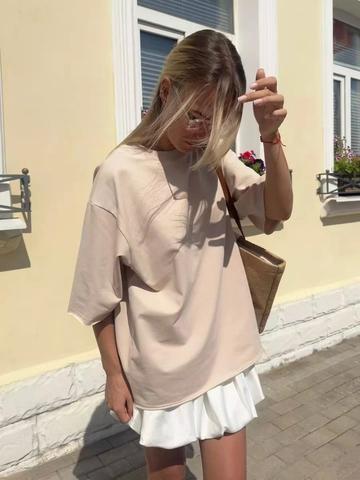 T-Shirt Γυναικείο Βαμβακερό Κοντό Μανίκι Στρογγυλή Λαιμόκοψη Oversized Χαλαρή Drop Shoulder Casual Καλοκαίρι Μονόχρωμο Μαλακό