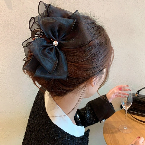 Pinza para el Cabello Elegante con Lazo Grande Negro de Organza para Mujer Accesorios para el Cabello de Gasa en Capas Vintage