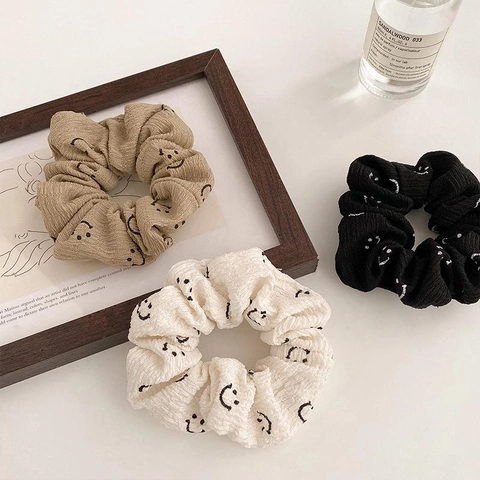 Korean Style Corduroy Scrunchie Smiley Face Pattern Elastic Hair Tie Simple Daily Hair Accessories For Women Girls