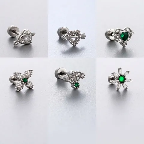 Cartilage Stud Earrings Titanium Steel Emerald Green Zircon Heart Fan Shape Unique Elegant Niche Screw Back For Women