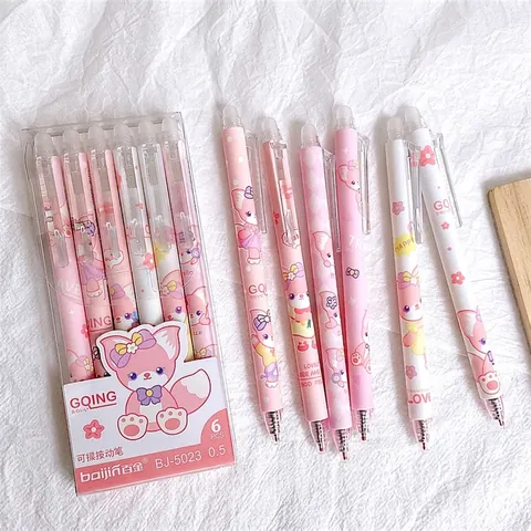 Retractable Erasable Gel Pens Cute Cartoon Kawaii Aesthetic Writing Supplies Plastic Stainless Steel Tip 0.5 For Students
