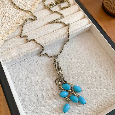 Collana Con Pendente A Nappa In Lega Boho Retrò Con Pietre Turchesi Blu Catena Lunga Per Maglione Gioielli Etnici Per Donna