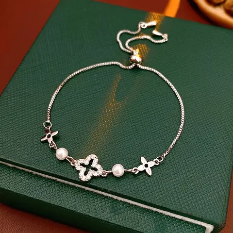 Pulsera De Trébol De Flores Ajustable Cobre Con Circonita Y Perla Artificial Joyería Elegante Para Mujer Cierre Deslizante Bolo