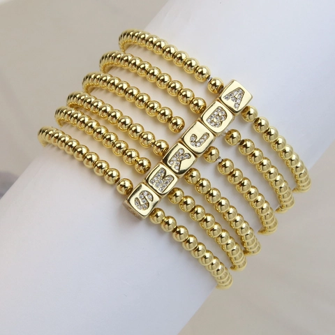 18K Gold Plated Copper Beaded Elastic Bracelet With Rhinestone Square Initial Letter Personalized Trendy Jewelry For Women