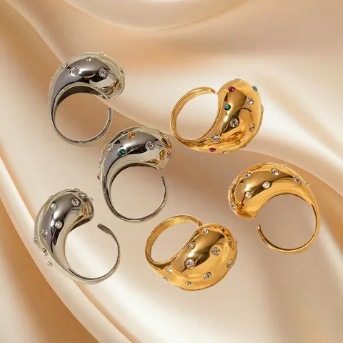 Anello Regolabile A Goccia Grosso Acciaio Inossidabile Placcato Oro 18K Zirconia Perla Artificial Sintetica Gioielli Moderni Donna