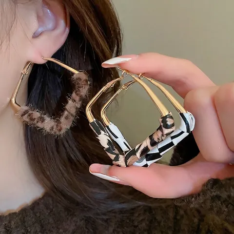 Geometric Hoop Earrings Alloy Faux Leather Plush Leopard Animal Print Chic Retro With 925 Sterling Silver Earring Post