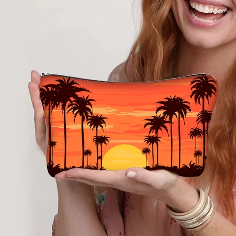 Sunset Beach Tropical Palm Tree Printed Cosmetic Makeup Bag Zipper Travel Toiletries Organizer Pouch Portable Polyester