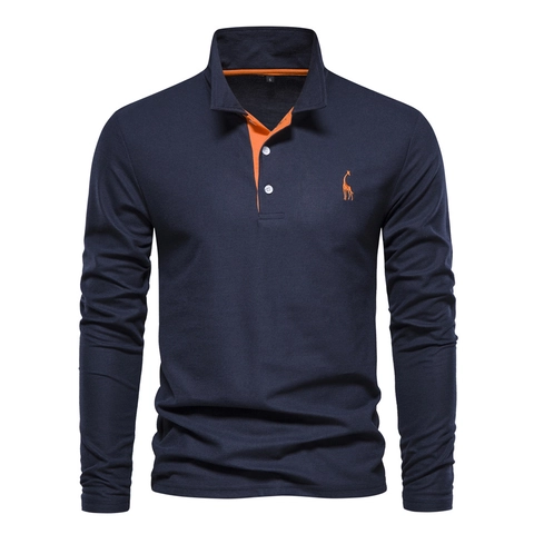 Men's Long Sleeve Polo Shirt Cotton Polyester Blend Contrast Color Deer Embroidery Casual Fashion Breathable Pique Top