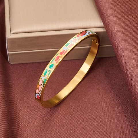 Moderne Edelstahl Gold Emaille Armreif Für Damen Bunt Bemalte Florale Geometrische Muster Tropföl Armband Schmuck