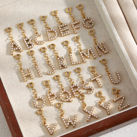 Alphabet Letter Pendant Stainless Steel 18K Gold Plated Artificial Pearl Inlaid Spring Clasp DIY Jewelry Accessory Women Fashion