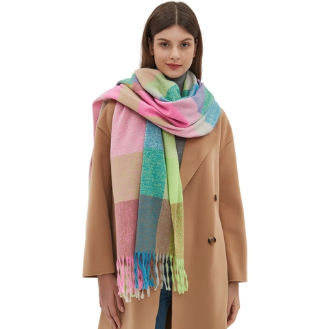 Sciarpa A Quadri Colorata Nappine Inverno Spessa Calda Scialle Avvolgente Morbido Accessorio Di Moda Per Donne Uomini