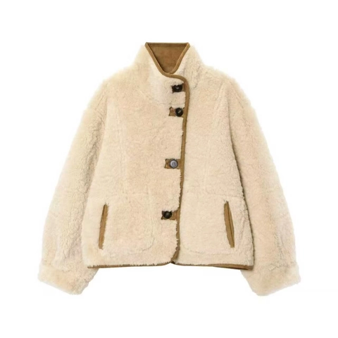 Women Suede Faux Lamb Wool Jacket Stand Collar Button Up Short Coat With Patch Pockets Vintage Casual Streetwear