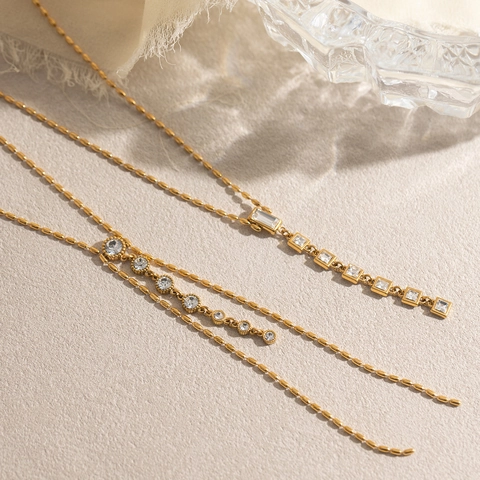 Elegant Stainless Steel Y-Shaped Tassel Necklace For Women 18K Gold Plated Rhinestone Geometric Drop Jewelry Daily Party Wear