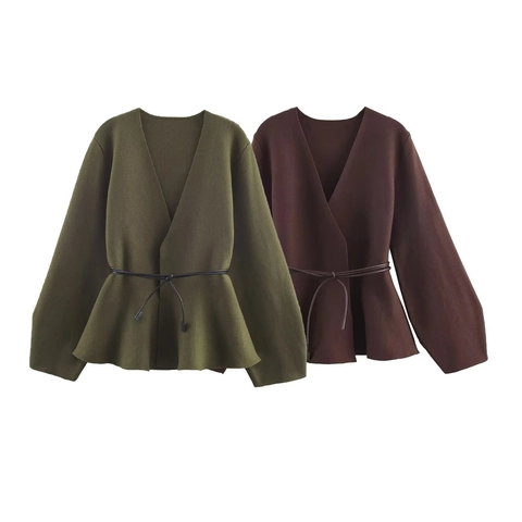 Haut En Tricot À Col En V Pour Femmes Manches Longues Avec Ceinture Ourlet Peplum Pull Cache-Cœur Élégant