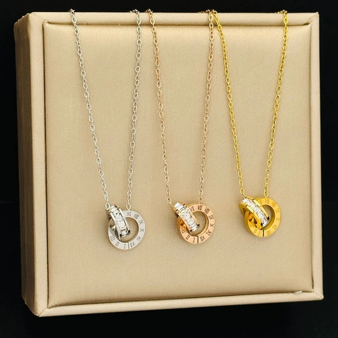 Collana Con Ciondolo A Doppio Anello Intrecciato Acciaio Al Titanio Zircone Numeri Romani Moda Geometrica Catena Da Donna