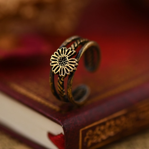 Vintage Kupfer Sonnenblume Schlange Offener Ring Verstellbar Antik Gänseblümchen Finger Schmuck Unisex Retro