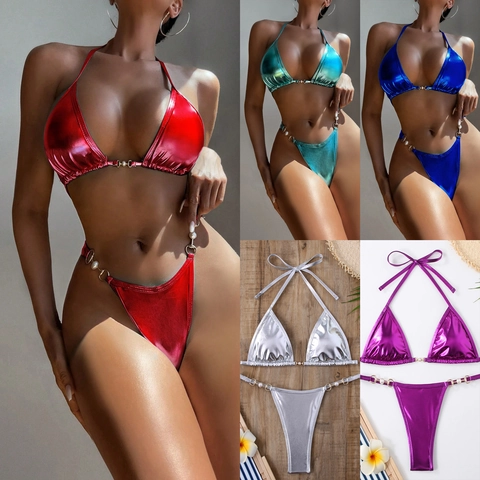 Women Bikini Set Metallic Glossy Halter Triangle Top Thong Bottom Artificial Pearl Gold Ring Decoration Sexy Beach Swimwear