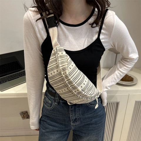 Vintage Gestreifte Gewebte Brusttasche Canvas Umhängetasche Retro Halbmond Schultertasche Damen Lässig Pendler