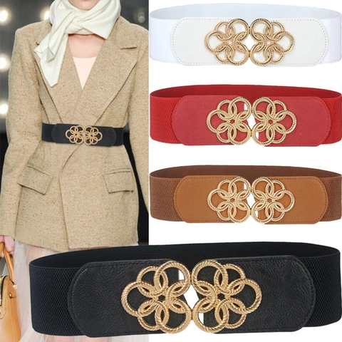 Women Wide Elastic Corset Belt Flower Alloy Buckle PU Leather Stretchy Waist Band For Dresses Coats Elegant