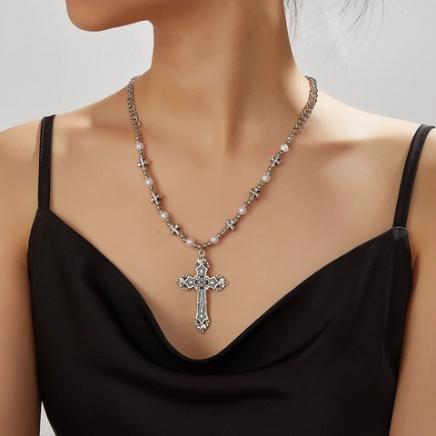 Retro Gothic Cross Pendant Necklace Silver Alloy Faux Artificial Pearl Beaded Choker Streetwear Jewelry For Women Fashion Accessories