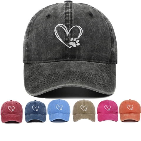 Washed Cotton Baseball Cap Heart Paw Print Embroidery Distressed Retro Dad Hat Outdoor Sun Protection Adjustable Unisex