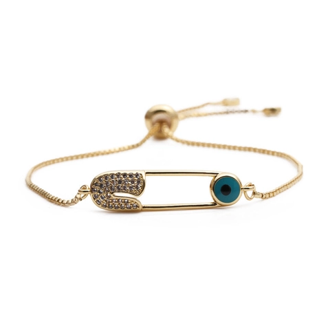 Evil Eye Sicherheitsnadel Verstellbares Armband Kupfer Mit Zirkonia Vergoldet Perlenkette Für Damen