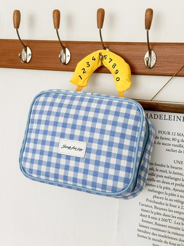 Borsa Per Trucchi In Tela A Quadretti Blu Con Manico Giallo Con Stampa Numerica Organizzatore Per Articoli Da Toeletta