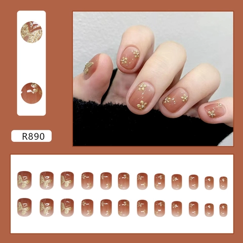 Uñas Postizas Cortas Cuadradas Degradado Marrón Con Purpurina Mariposa Dorada Plástico ABS Uñas Artificiales