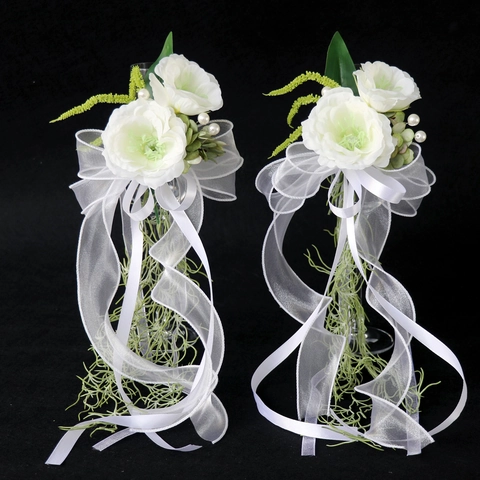 Wedding Wine Glass Decoration Flowers Artificial Satin Rose With Organza Ribbon Long Streamer Elegant Toasting Ceremony Decor