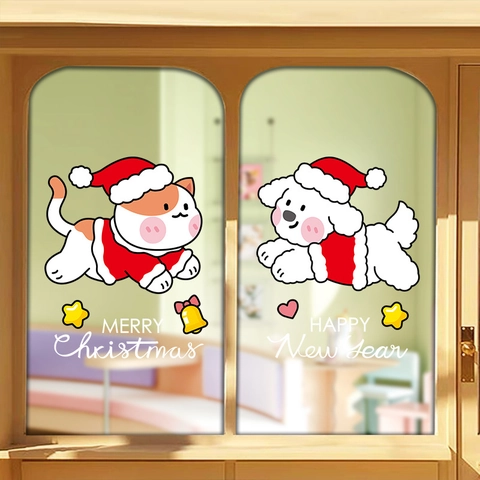 Christmas Window Clings Static Stickers Cartoon Cat Dog PVC Double Sided Festive Glass Door Shop Decoration Removable