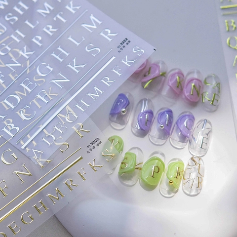 Adesivi Per Nail Art 3D In Rilievo Lettere Metalliche Alfabeto Per Decorazione Manicure Fai Da Te Retro Oro Argento Laser