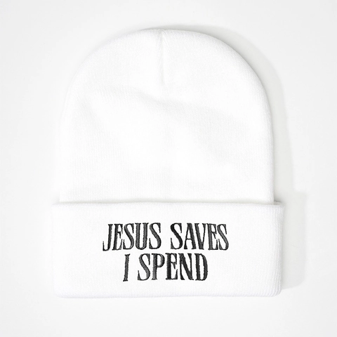 Bonnet Beanie Jesus Saves I Spend Broderie Lettre Tricot Acrylique Revers Hiver Chaud Streetwear Unisexe