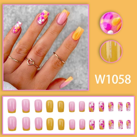 Faux Ongles Press On Nails Style Français Motif Floral Carré Ongles Artificiels Pour Femmes Style Doux Ins Full Cover